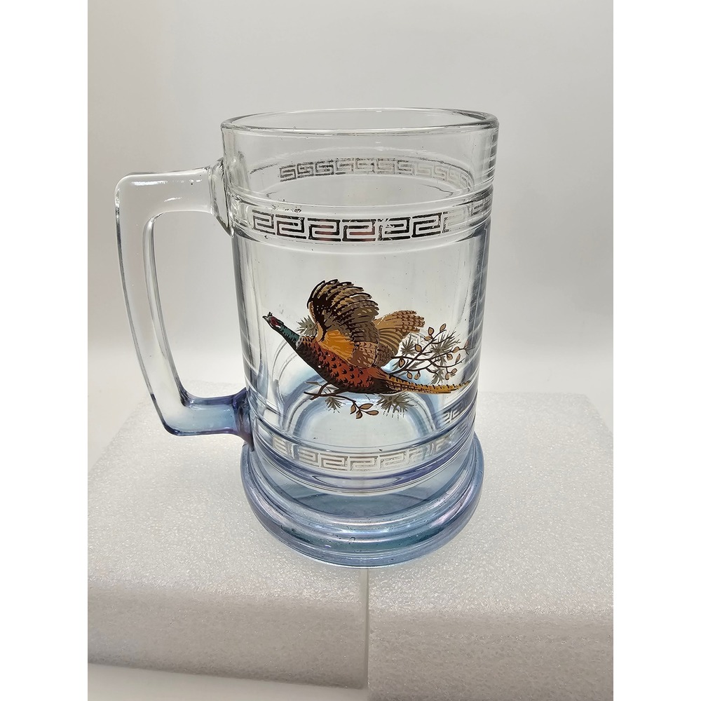 Vintage Pheasant Glass Beer Stein Blue Base Silver Greek Key Game Bird Mug